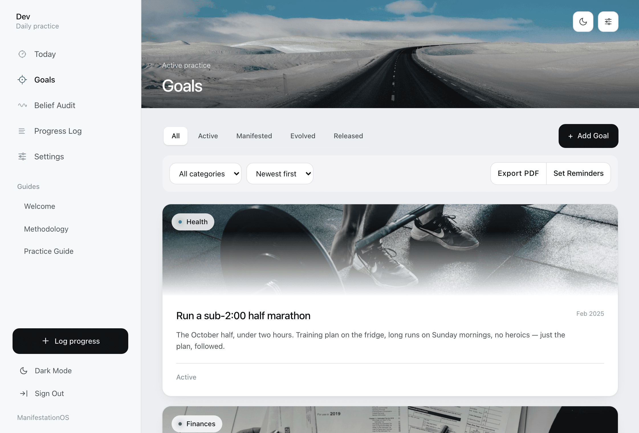 ManifestationOS — the Goals screen, real product